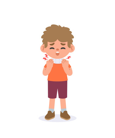 A man had a neck pain, went for treatment and had a neck splint. illustration vector cartoon character design on white background. Medical concept.のイラスト素材