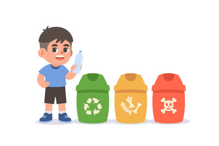 a Asian boy holding a bottle of water doing waste separation with rubbish bin, illustration cartoon character vector design on white background. kid and education concept.のイラスト素材