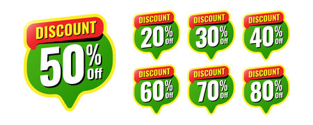 Discount buy now label pop-up banner green stickers with different sale percentage. 20, 30, 40, 50, 60, 70, 80 percent off price reduction badge promotion design emblem set vector illustration.のイラスト素材