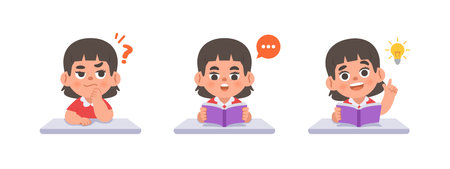 a Asian girl in doubt or have a question, reading the book, get an idea on the desk, study set. illustration cartoon character vector design on white background. kid and education concept.のイラスト素材