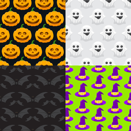 Set of seamless pattern for Halloween, pumpkin, ghost, witch hat and a batのイラスト素材