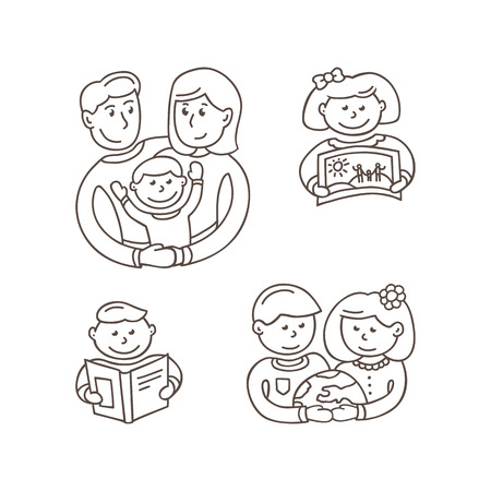 set family, children and their parents, reading books studying the surroundingのイラスト素材