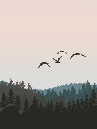 Mountain landscape with forest and birds vector illustration.のイラスト素材