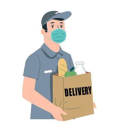 Delivery of goods during the prevention of coronovirus, Covid-19. Courier in a face mask with a box in his hands. Portrait from the waist up. Vector flat illustration.のイラスト素材