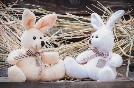 Two toy rabbit on a wooden and straw backgroundの写真素材