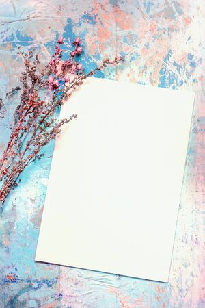 Vintage greeting card with place for copy text or photo. Blank envelope and dried flowers on an old rustic painted light wooden background.の写真素材
