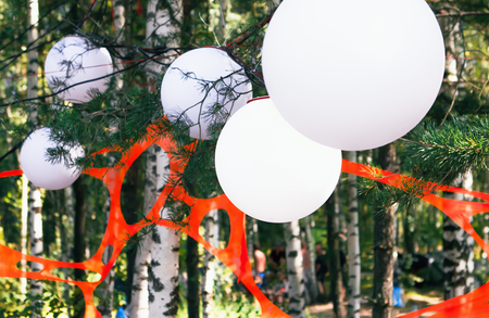 White round lanterns and orange fabric - decorations for the festival in the summer forest. Selective focus.の写真素材