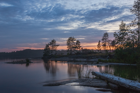 Rocky coast of the lake with pine trees and driftwood against the summer sunset. Reflection of the night sky in mirror water. White Nights season in the Onega Lake - Karelia, Russia.の写真素材