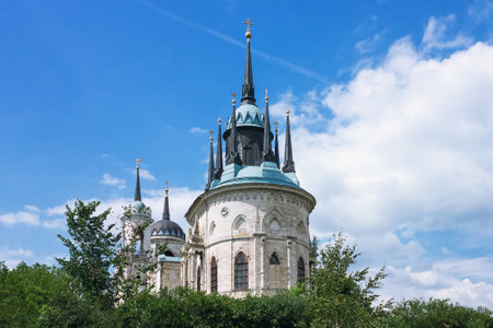 BYKOVO, MOSCOW REGION, RUSSIA - JULY 25, 2018: Bazhenov. Cultural heritage object in Russia, Vorontsov Estate. Icon of the Mother of God, pseudo-gothic styled temple, was built in 1789.のeditorial素材