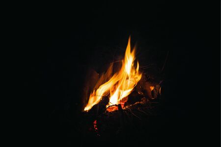 Bonfire at night on a black background. Selective focus, space for copy and design.の写真素材