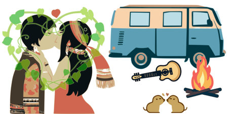 Vector illustration of a Bohemian couple kissing around a campfire with a van and guitarのイラスト素材