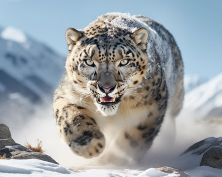 Frontal portrait view of snow leopard in mountainous snow terrainの素材