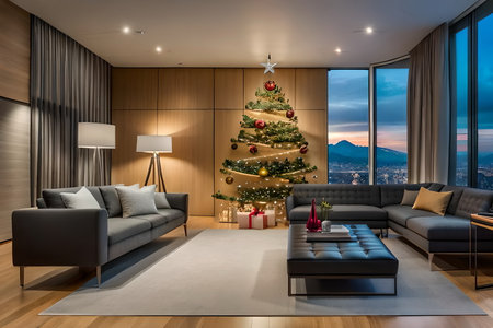 3D rendering of a living room interior with a Christmas tree.の素材