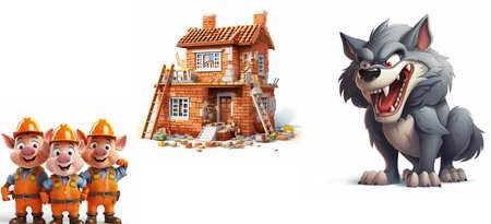 3d rendering of Three little pigs, a brickhouse under construction  and the big bad wolf on white background.の素材