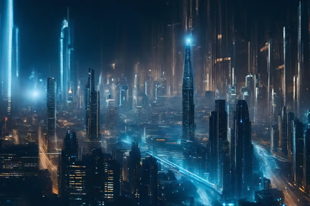 Futuristic city at night with illuminated skyscrapers and high-rise buildingsの素材