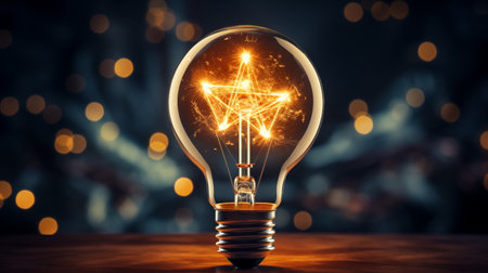 Glowing star points light bulb on wooden table and blurred background with bokeh, concept of ideas and imaginationの素材