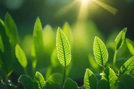 Green tea leaves in the morning light. Close up. Nature backgroundの素材