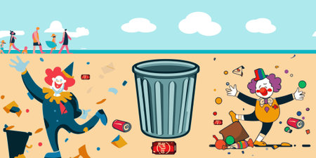 Illustration of a group of Clowns in the beach throwing rubbish around with a trash bin in front of themのイラスト素材