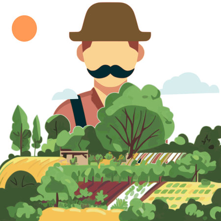 Illustration of a farmer in his farm. Vector illustration in flat styleのイラスト素材