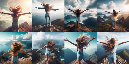 Collage montage compilation of back view of beautiful young carefree woman standing on mountain or hill peak, travel happiness conceptの素材