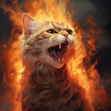 Inflamed angry fiery ginger cat on orange fire background. Flaming cat in flames.の素材