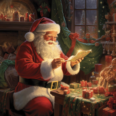 Santa Claus is reading a book in his living room at Christmas.の素材