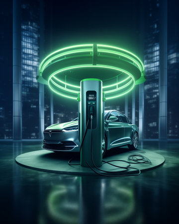 Neon green electric car charging station at night in the city. 3D rendered image.の素材