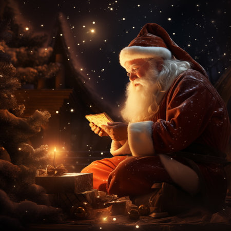Santa Claus reading a book on the background of the night forest.の素材