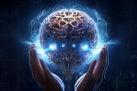 Close up of female hands holding digital human brain with blue glowing lightの素材