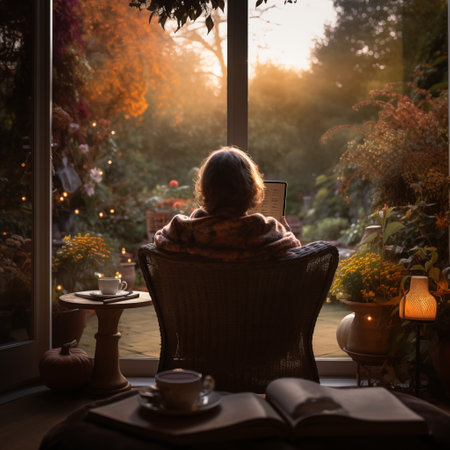 Young woman sitting at the full length window and reading a book in the morningの素材