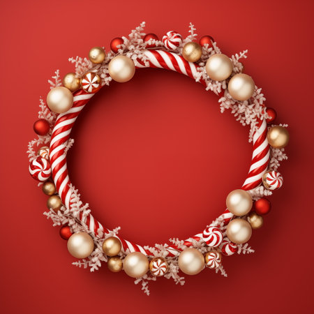 Christmas wreath with candy canes and baubles on red backgroundの素材