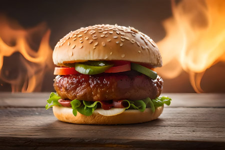 Hamburger on wooden table with fire flames on dark wooden background.の素材