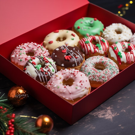 Donuts in a red gift box on a dark wooden background.の素材