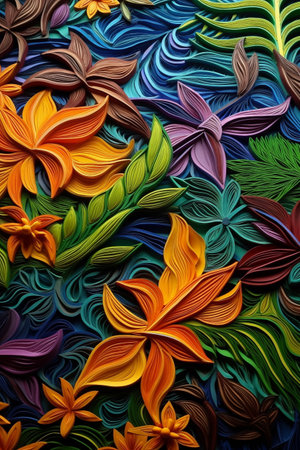 colorful background with flower and leafs in rainbow colors, 3d illustrationの素材