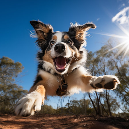Portrait of happy Australian Shepherd dog jumping in the air on a sunny dayの素材