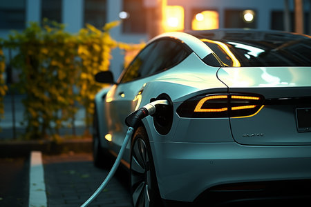 Electric car charging at charging point in the city. 3d rendering.の素材