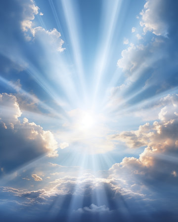 Blue sky background with white clouds and sunbeams. Nature composition.の素材