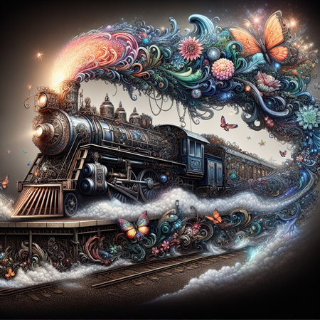 Vintage steam locomotive in fantasy with flowers, and butterflies smokeの素材