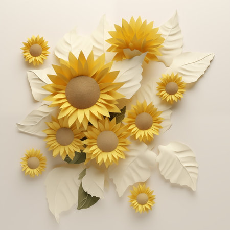 Sunflowers on white background. 3d illustration. Top view.の素材