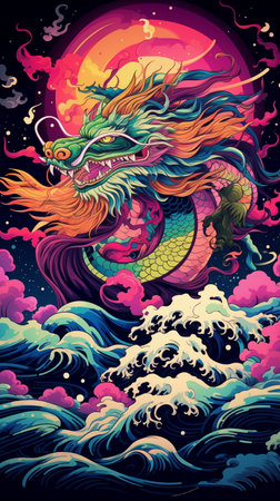 Dragon in the moonlight. Vector illustration of a Chinese dragon.の素材
