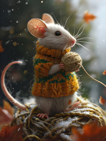 Cute white mouse in a warm knitted sweater holding ball of yarn.の素材