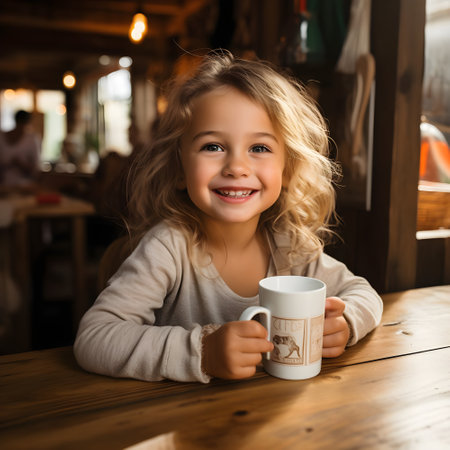 smiling little girl holding cup of coffee in cafe on blurred backgroundの素材