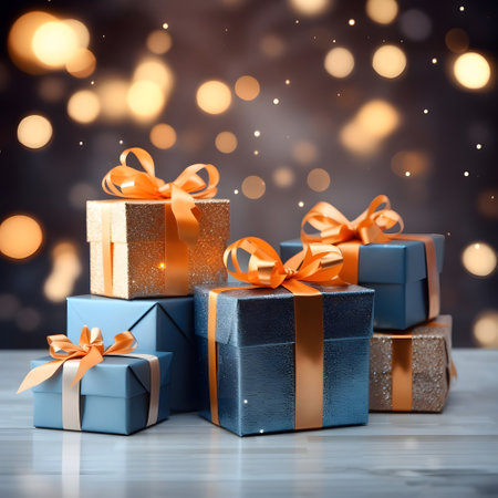 Gift boxes with bow on bokeh background. 3d renderingの素材