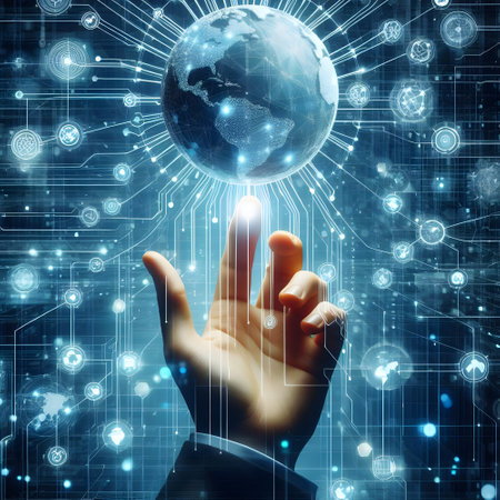 Close up of human hand touching with finger global connection concept. 3D renderingの素材