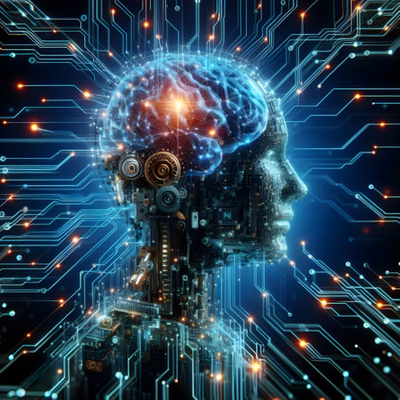 3D rendering artificial intelligence concept with human head and circuit board backgroundの素材
