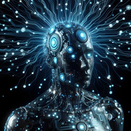 3d rendering of male cyborg with circuit brain on black background, telecommunications conceptの素材