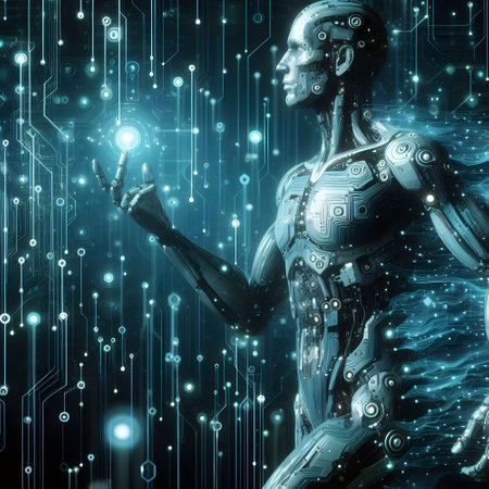 Cyborg woman touching digital hologram screen. 3D Renderingの素材
