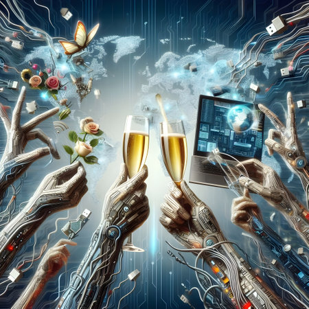Conceptual image with human hands holding champagne glasses against digital background, technology success conceptの素材