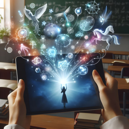 Tablet pc in the hands of a schoolgirl against the background of a chalkboard with icons and symbolsの素材