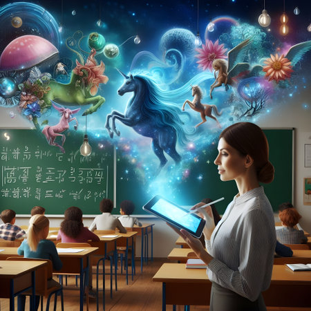 Woman teacher in classroom with tablet pc and flying fantasy animals on backgroundの素材